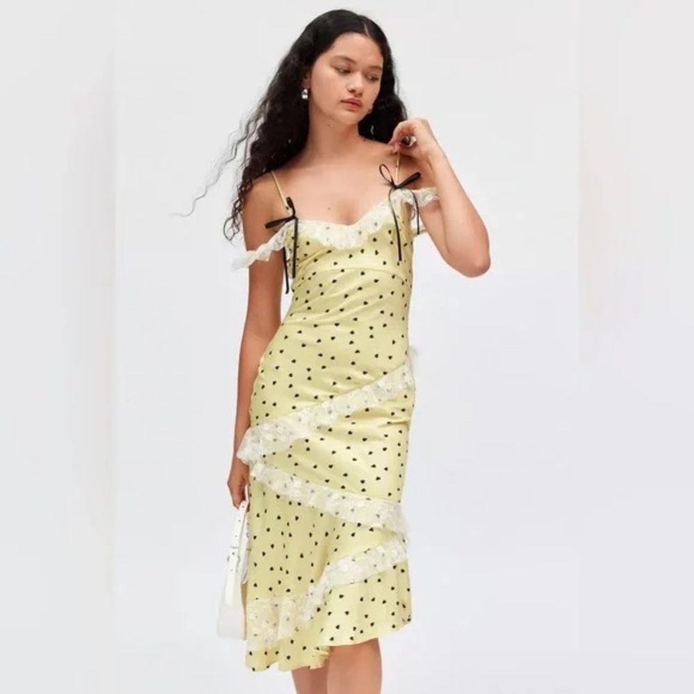 Kimchi Blue Lemon Yellow Polka Dot Asymmetrical Ruffle Slip Dress